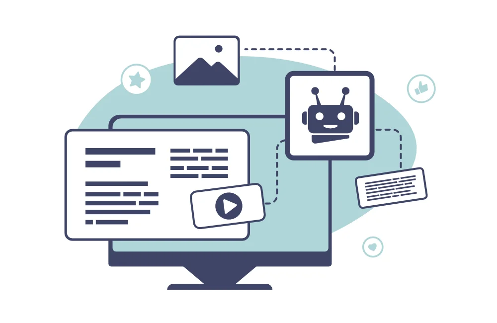 A computer screen displaying various icons alongside a robot, symbolizing SEO blog writing and digital content creation.