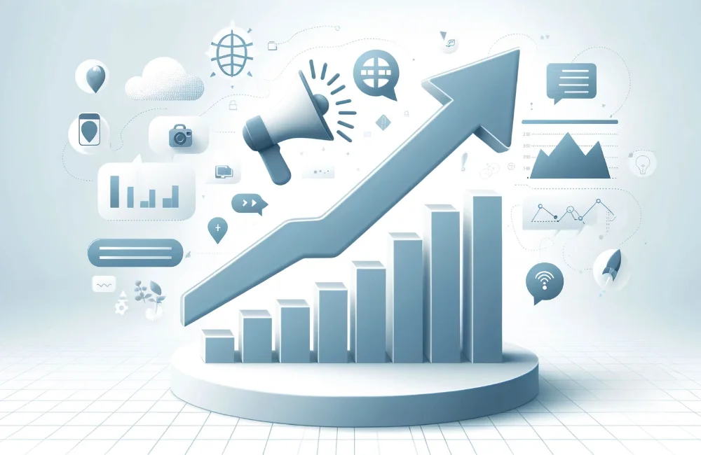 A graph depicting upward growth, surrounded by marketing icons symbolizing business strategies and success.