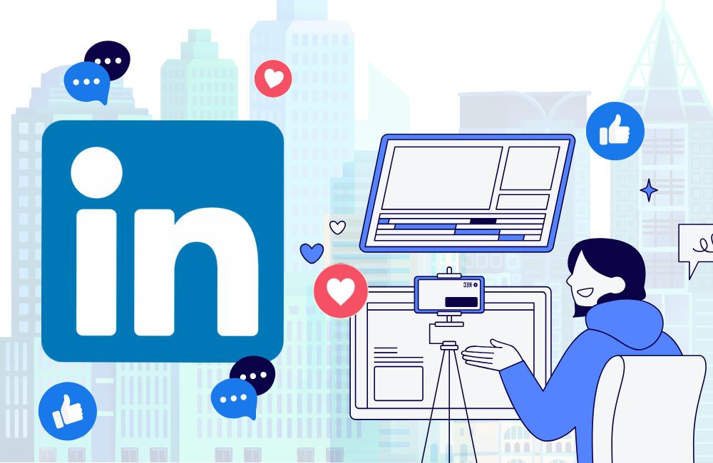 illustration of a woman using linkedin for b2b engagement