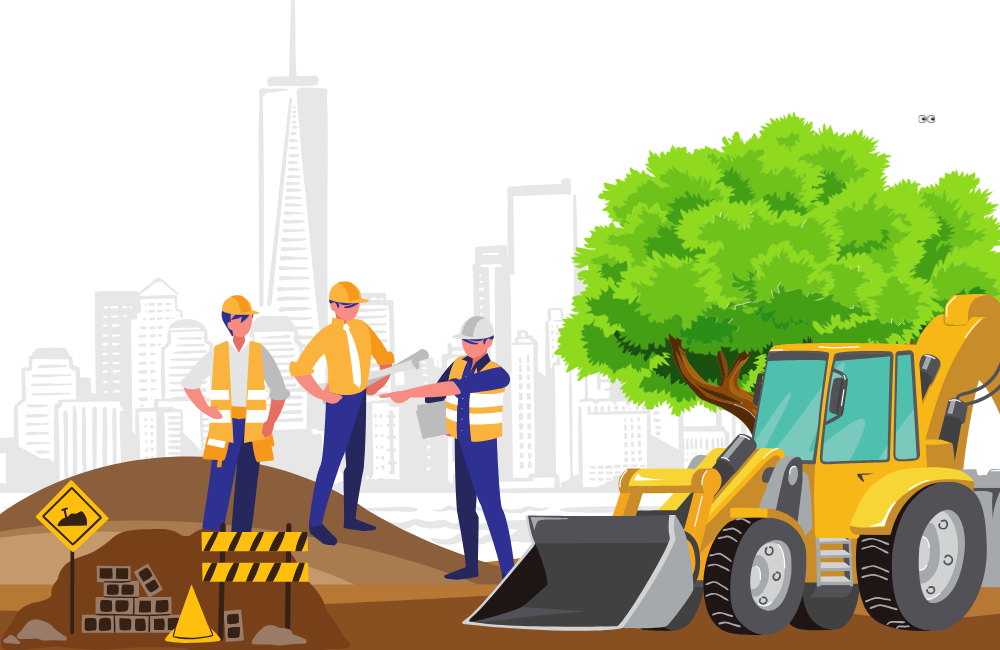 illustration of a construction business doing work outdoors with an excavator