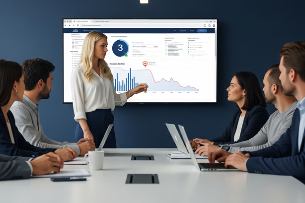 Female marketing executive pointing to chart on screen. Web Design and Marketing Nashville - Navarro Creative Group