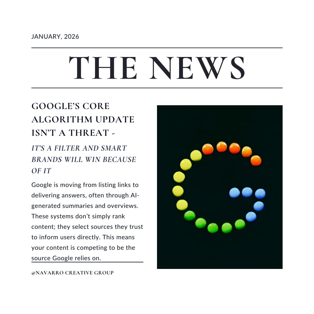 Image of the G in the Google Logo with bright colors on a dark background. Google’s Core Algorithm Update Isn’t a Threat It’s a Filter and Smart Brands Are Winning Because of It. Navarro Creative Group - Nashville Marketing Agency
