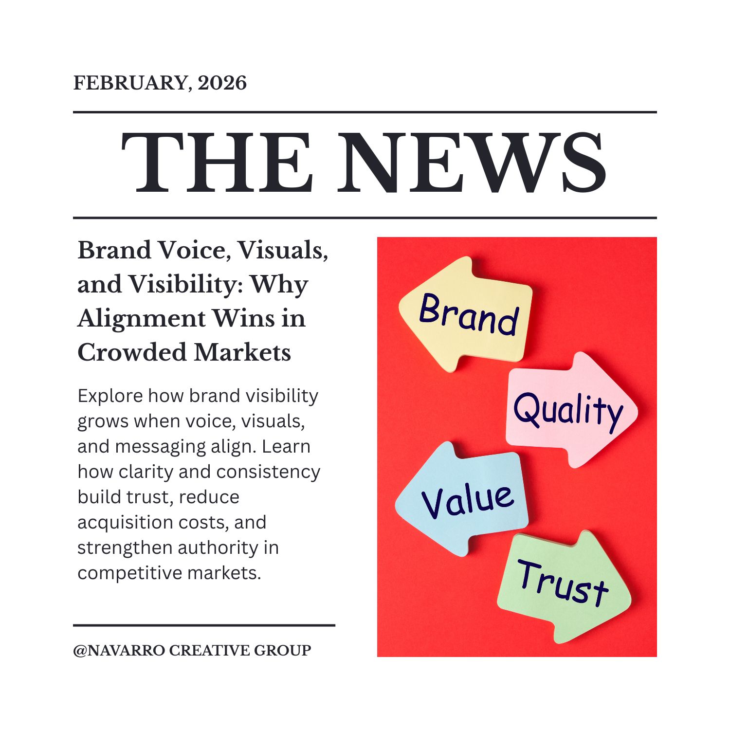 Promotional graphic highlighting brand visibility with arrows for brand, quality, value, and trust