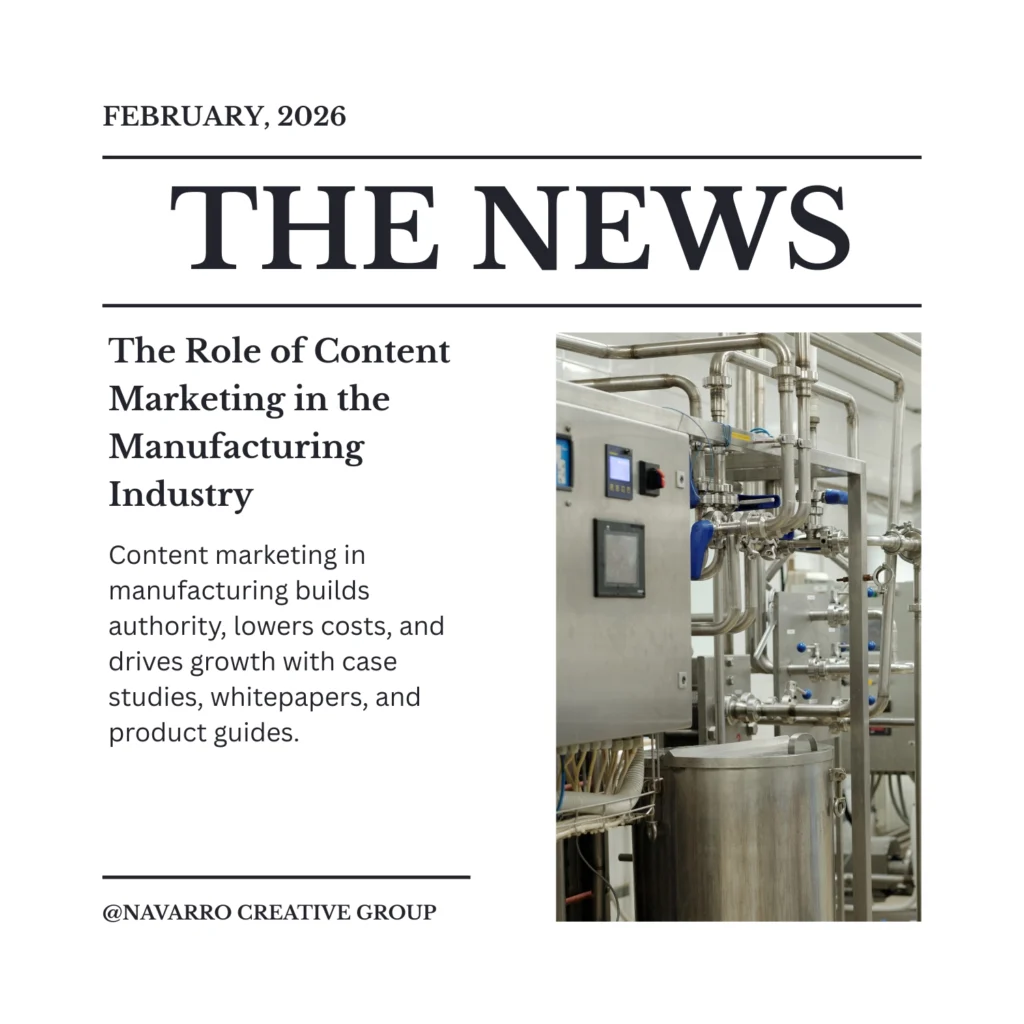 Illustration highlighting the role of content marketing in manufacturing with visuals of industry growth, authority building, and case studies