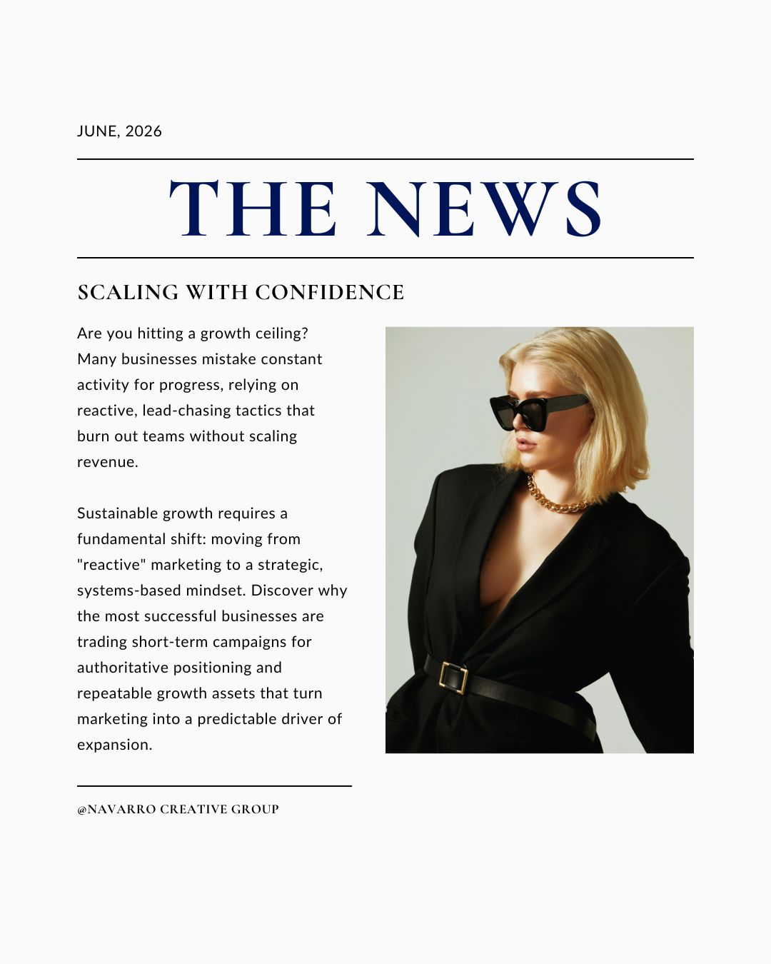 Blonde professional woman with sunglasses, dressed i black suit. Scaling with Confidence. Strategic Marketing Agency Nashville. Navarro Creative Group.