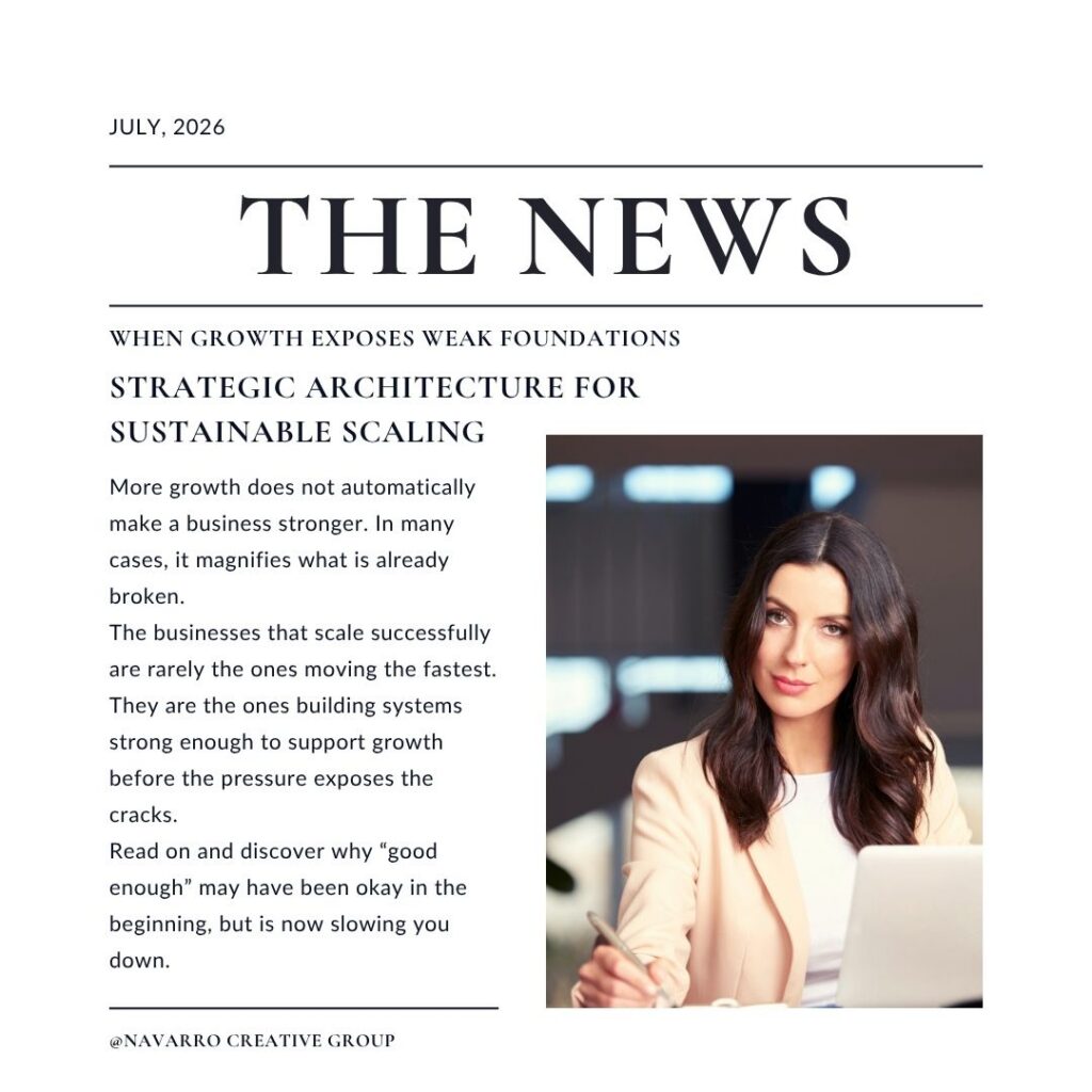 Image graphic designed like a newspaper headline, with professional woman. Titled "The News" Systems Over Speed: The Strategic Architecture for Sustainable Scaling. Nashville Branding and Marketing Strategists Navarro Creative Group