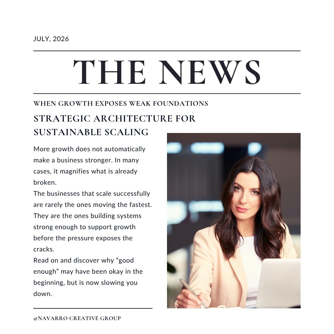 Image graphic designed like a newspaper headline, with professional woman. Titled "The News" Systems Over Speed: The Strategic Architecture for Sustainable Scaling. Nashville Branding and Marketing Strategists Navarro Creative Group