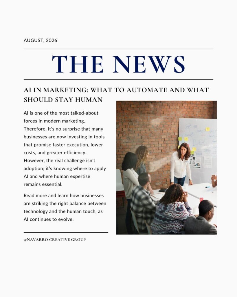 THE NEWS newspaper headline style graphic featuring a small group of professionals in discussion around white board and boardroom table. AI vs Humans - Marketing Today, Navarro Creative Group, Nashville Hendersonville TN Marketing Agency.