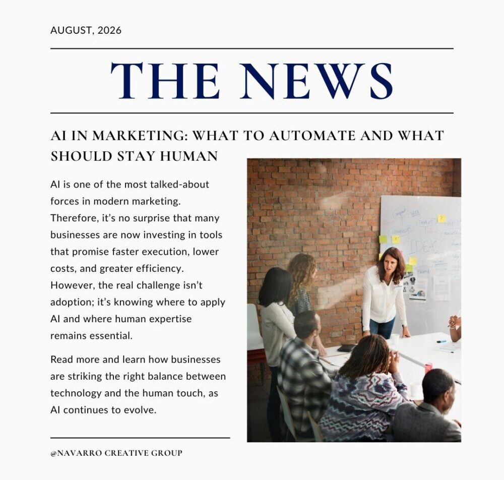 THE NEWS newspaper headline style graphic featuring a small group of professionals in discussion around white board and boardroom table. AI vs Humans - Marketing Today, Navarro Creative Group, Nashville Hendersonville TN Marketing Agency.